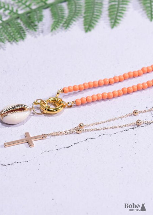 Boho Necklace, Seed Bead Choker, 2 Layers Cross & Shell